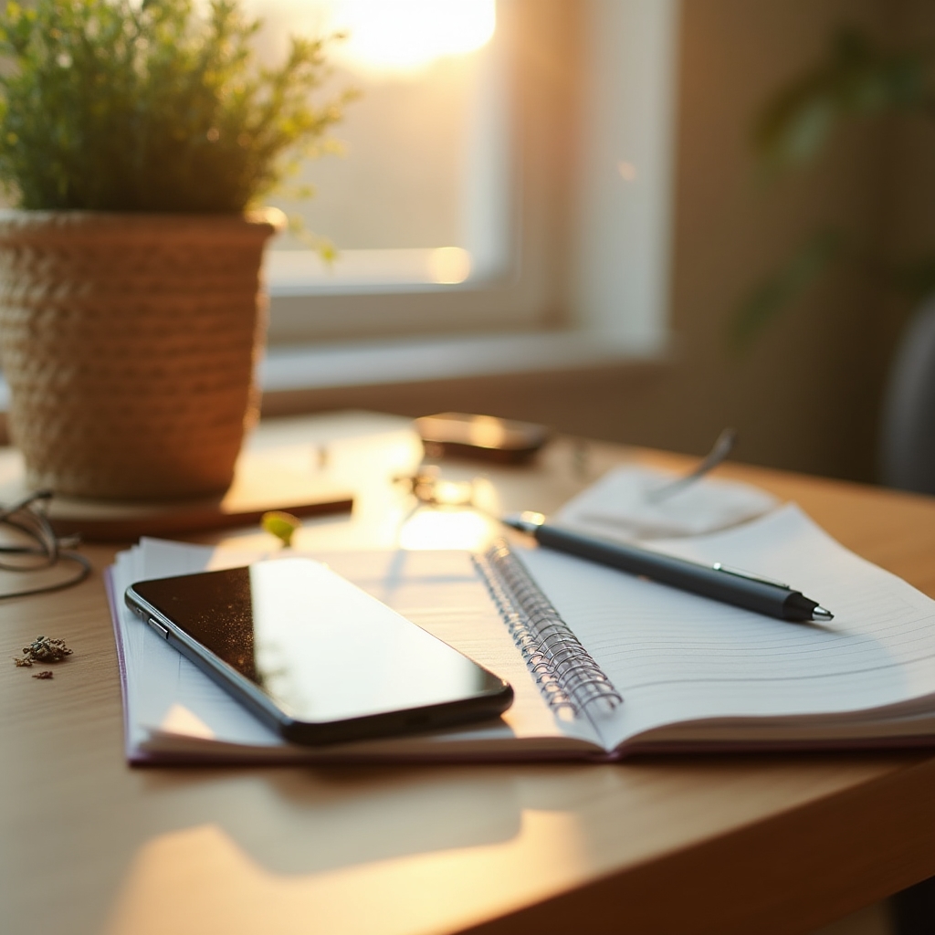 Escritorio de trabajo con laptop, agenda y muestras de productos artesanales